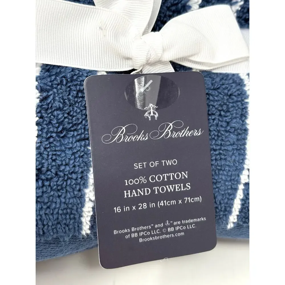 Brooks Brothers Blue White Striped Cotton Hand Towels Set 2 Measures 16x28